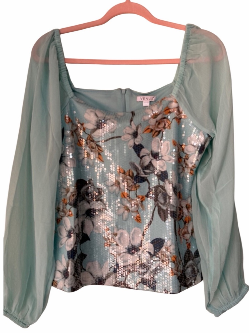 VENUS Ethereal Floral Sequin Sheer Top Chiffon Square‎ Neck NWT Romantic Fairy L